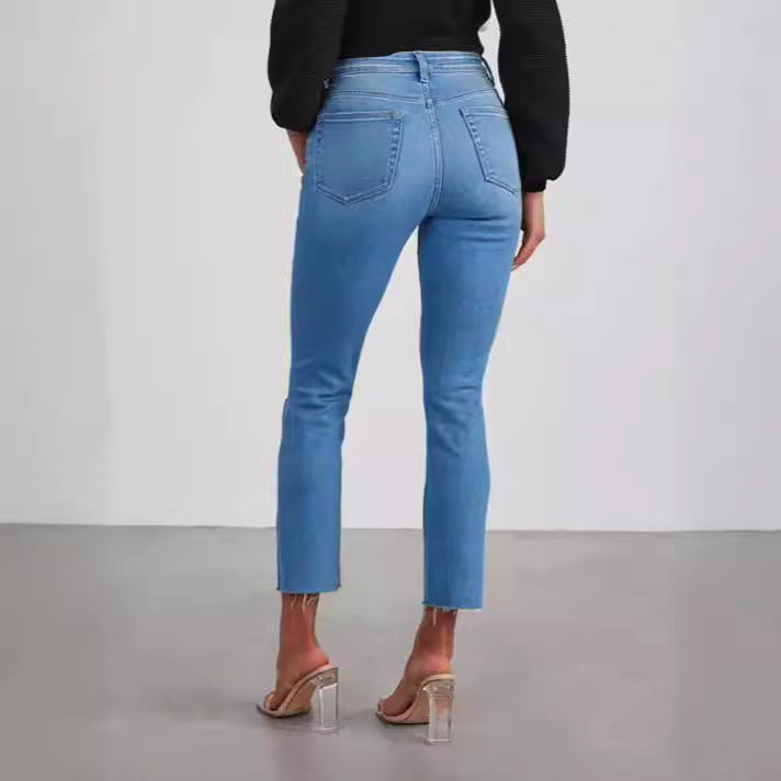 Damen modische High-Waist Jeans mit lässigem Destroyed-Look EB