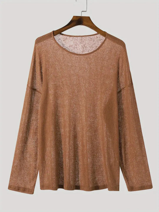 Damen nan locker fallendes Langarm-Feinstrickshirt mit feinem Rippenmuster und Rundhalsausschnitt EB
