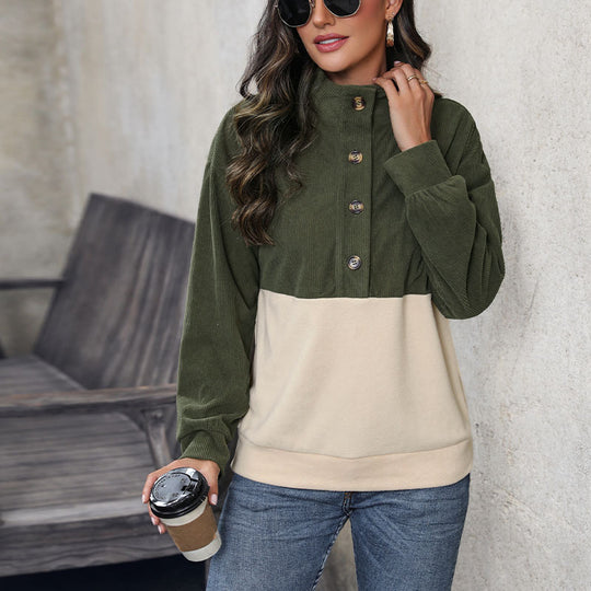 Damen gemütlicher Oversized Pullover mit Knopfleiste und farblich abgesetztem Design EB