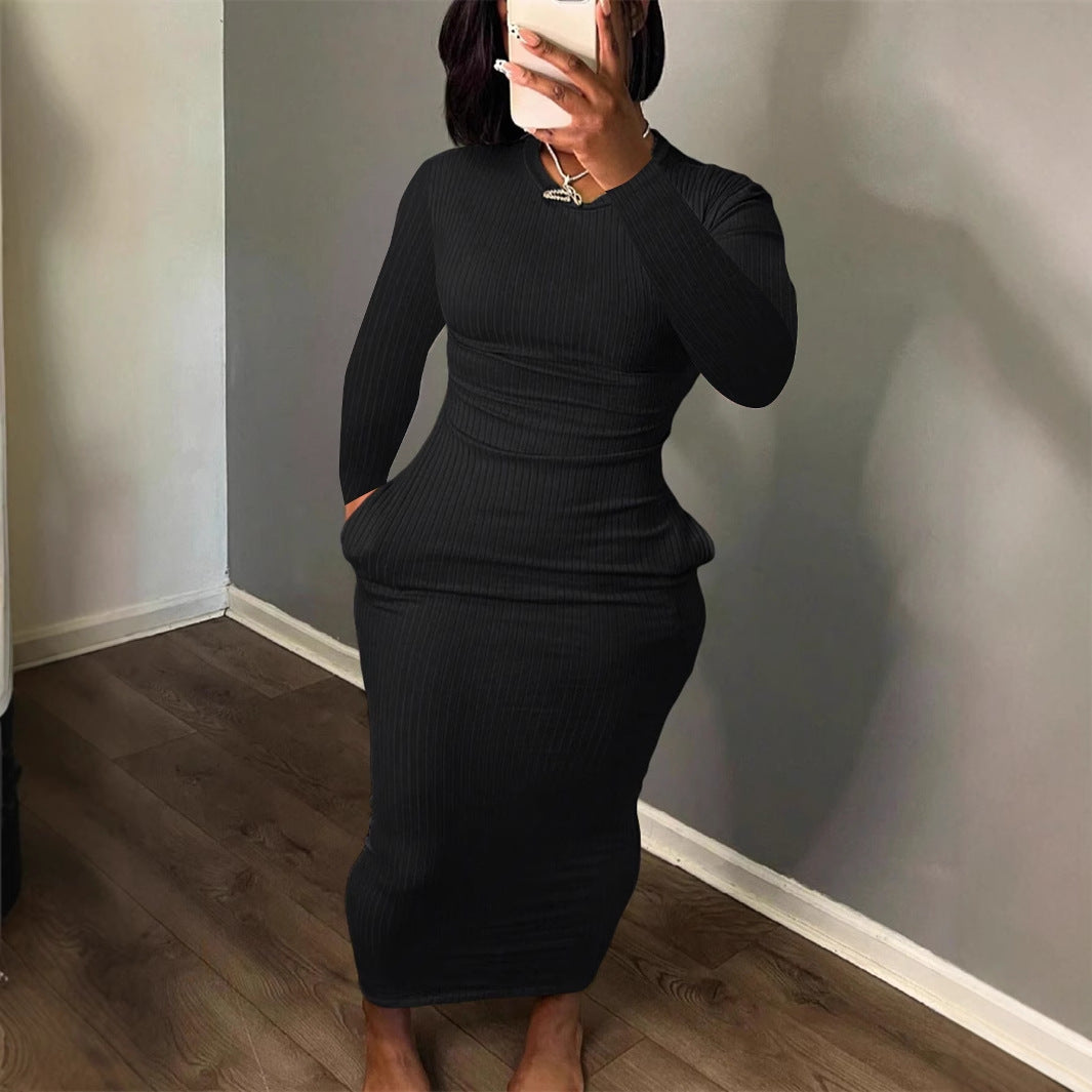 Damen Figurbetontes Rippkleid mit langem Arm und eleganter Silhouette EB