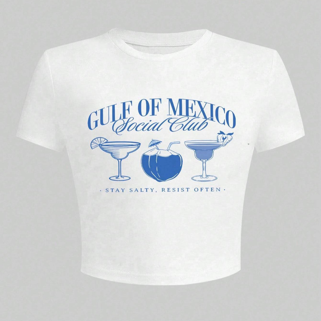 Damen Crop-T-Shirt mit kreativem Cocktail-Motiv und modernem Schriftzug EB