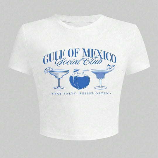 Damen Crop-T-Shirt mit kreativem Cocktail-Motiv und modernem Schriftzug EB