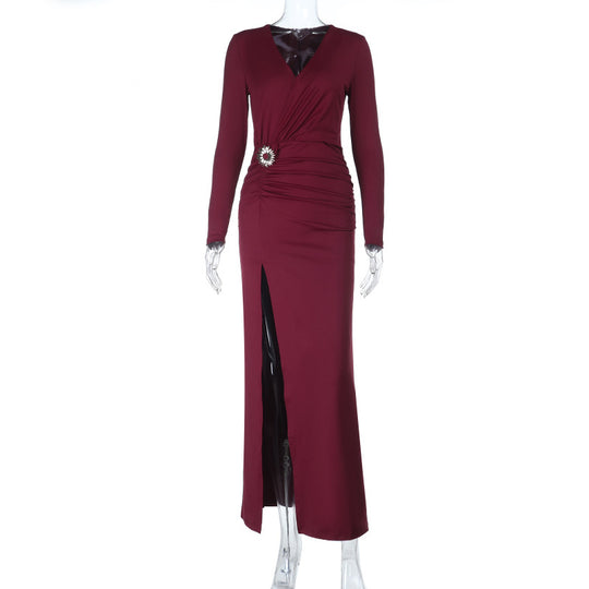 Damen elegantes langärmliges Abendkleid mit Raffung und hohem Schlitz EB