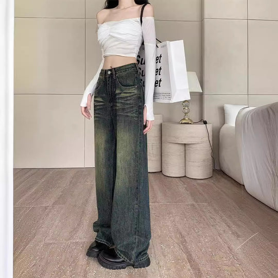Damen weite Denim-Hose mit modernem High-Waist Schnitt und einzigartiger Waschung EB