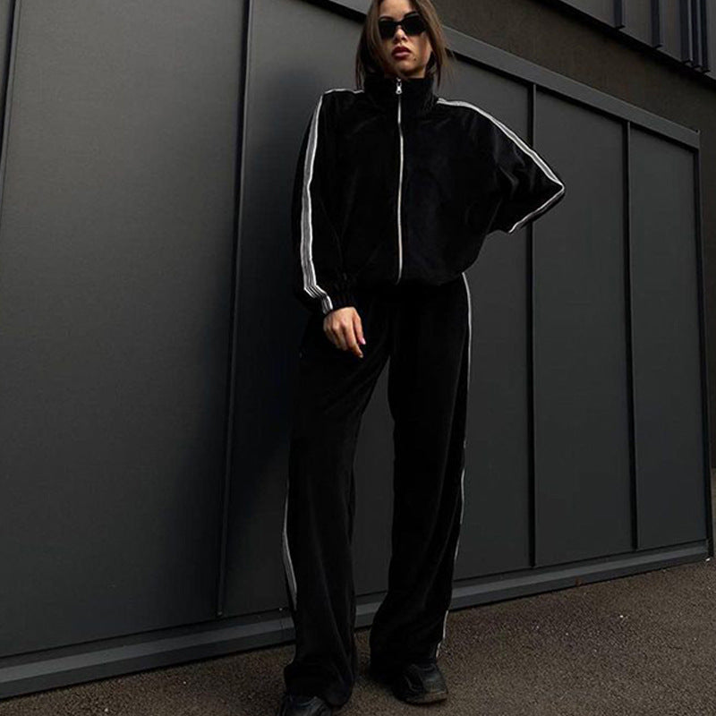 Damen sportliches Fleece-Loungewear-Set mit hohem Kragen und elastischem Bund EB