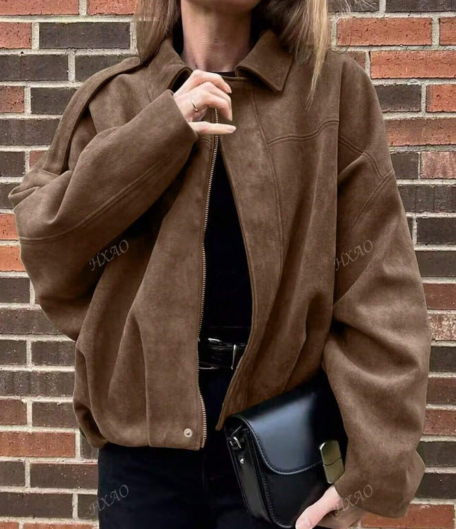 Damen Oversized Freizeitjacke aus hochwertigem Wildlederimitat mit dekorativen Details EB