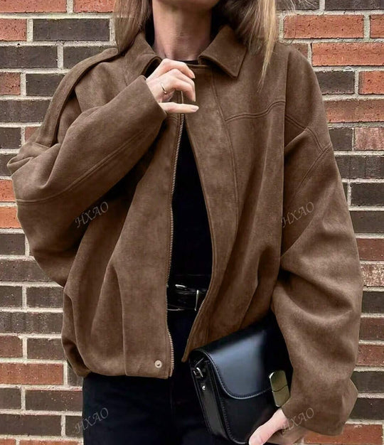 Damen Oversized Freizeitjacke aus hochwertigem Wildlederimitat mit dekorativen Details EB