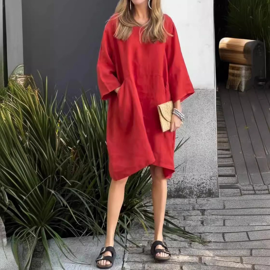 Damen lässiges Leinenkleid mit praktischen Taschen und asymmetrischem Saum EB