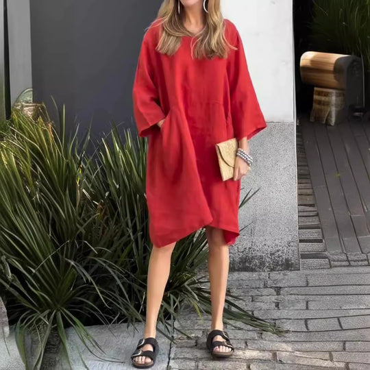 Damen lässiges Leinenkleid mit praktischen Taschen und asymmetrischem Saum EB