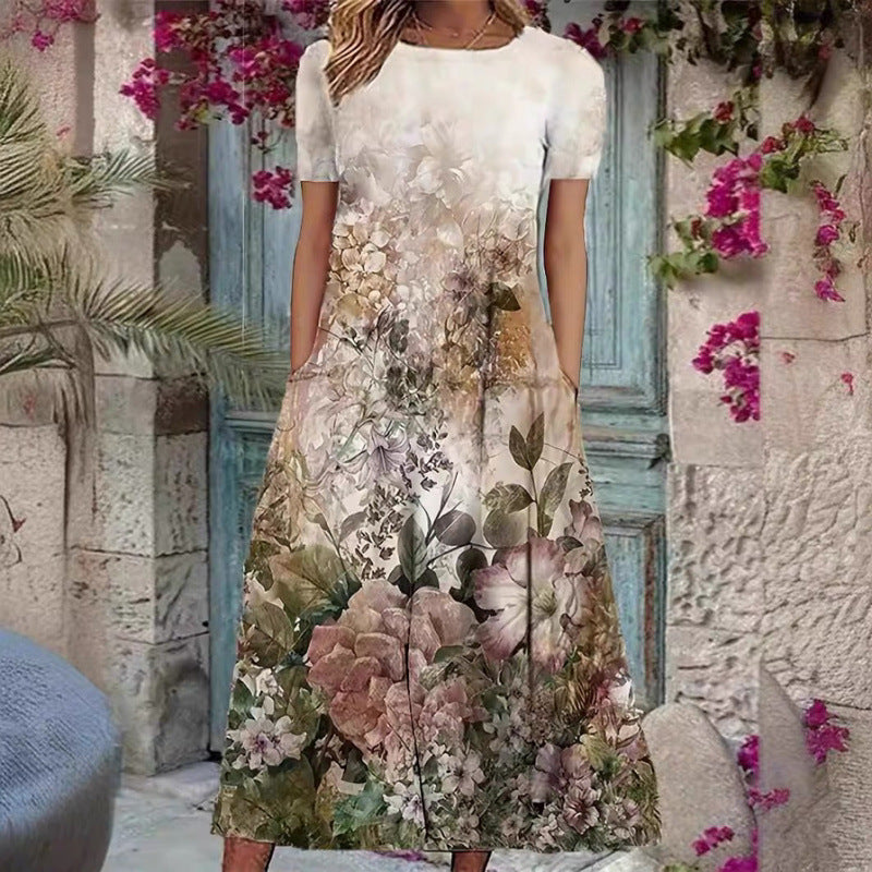 Damen Elegantes Maxikleid mit floralem Design und zartem Rundhalsausschnitt EB
