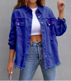 Damen Stylische Overshirt-Jacke mit fransigem Saum EB