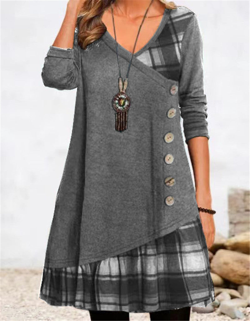 Damen asymmetrisches Freizeitkleid mit kariertem Saum und Knopfdetail EB