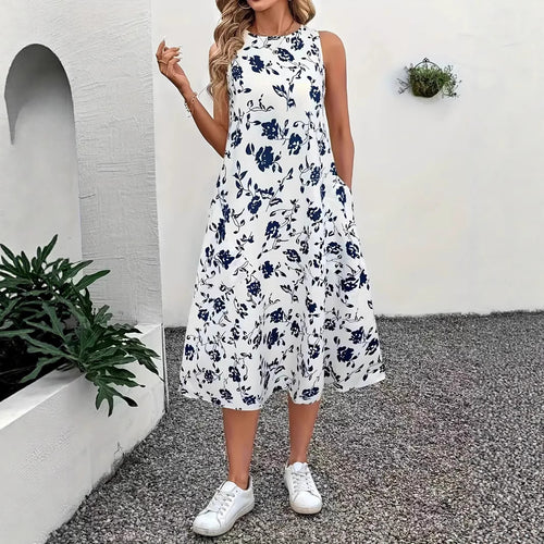 Damen Ärmelloses Maxikleid mit floralem Muster und praktischen Taschen EB
