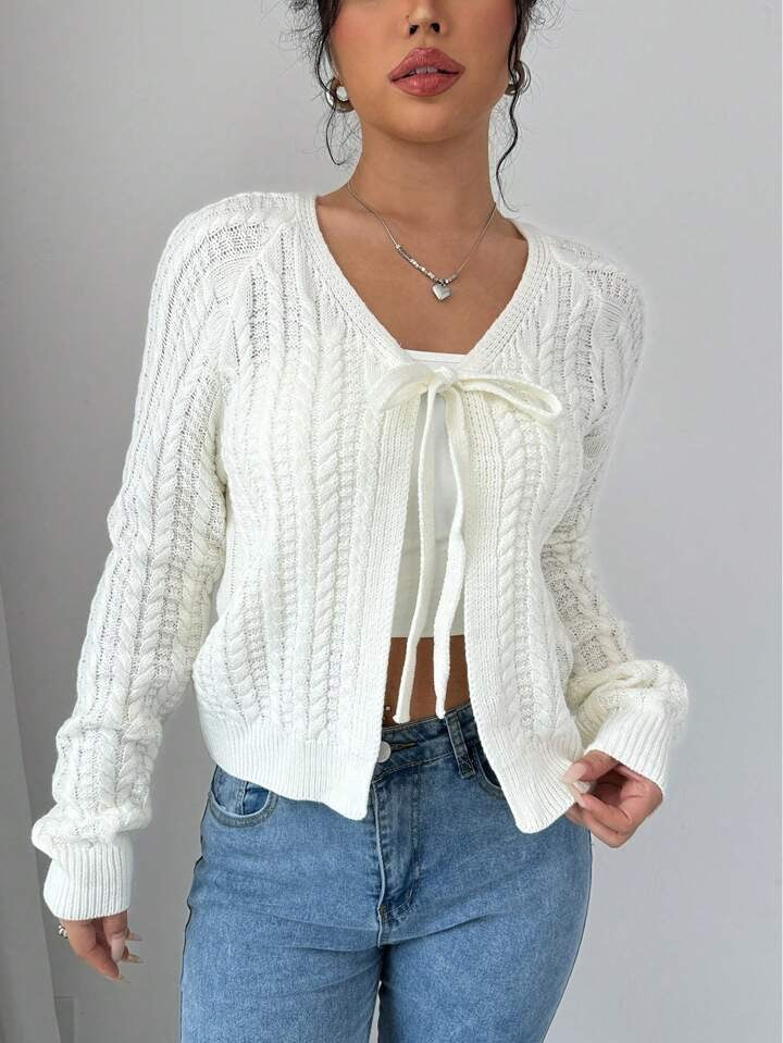 Damen Strickjacke mit modischem Kordelzug und feiner Netzstruktur EB