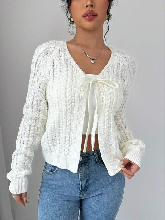 Damen Strickjacke mit modischem Kordelzug und feiner Netzstruktur EB