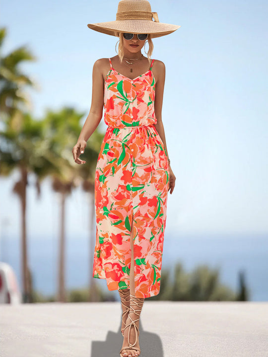 Damen Maxikleid mit floralem Design und elastischem Taillenbund EB