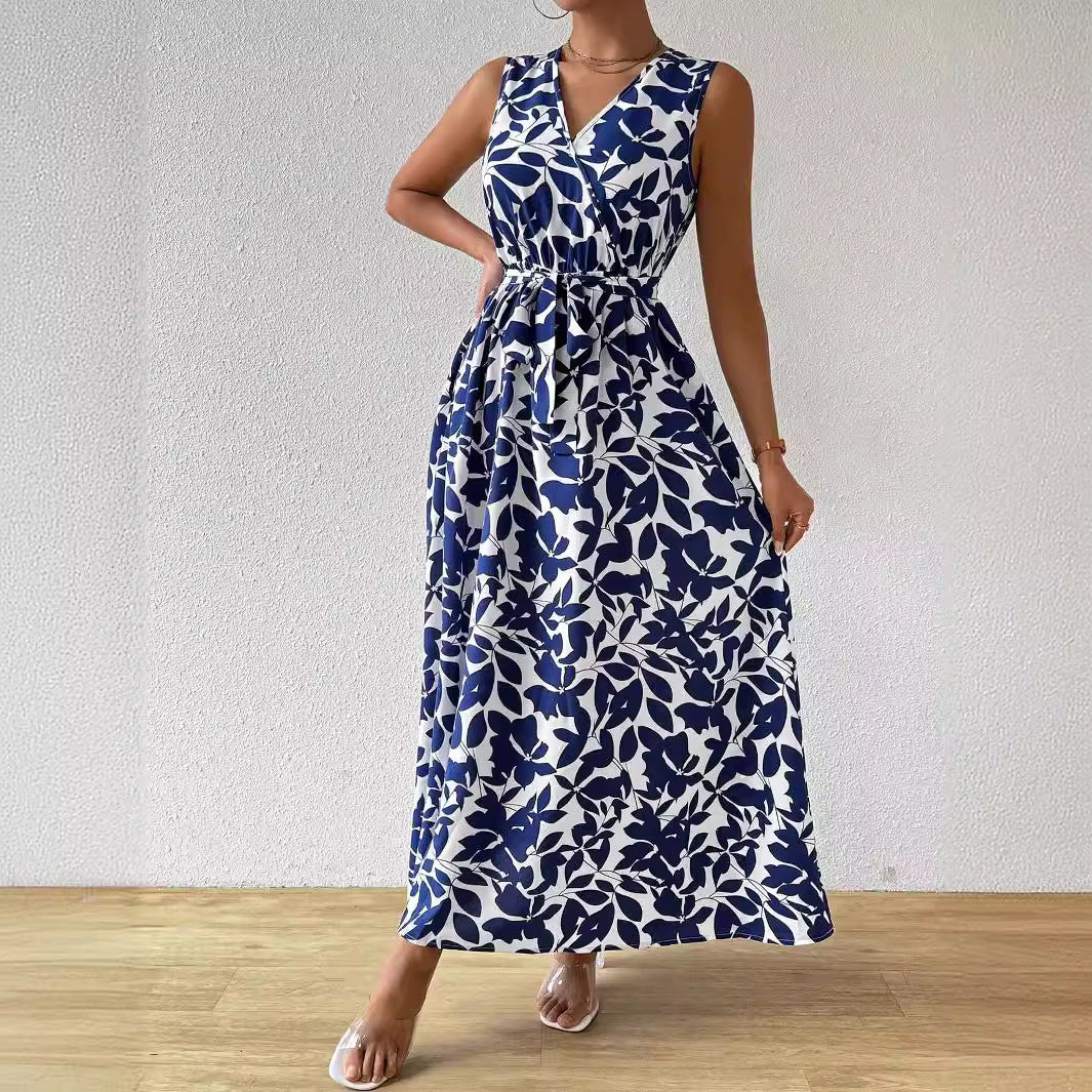 Damen nan Wickel-Maxikleid mit V-Ausschnitt und gebundenem Taillengürtel EB
