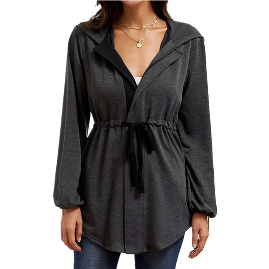 Damen lässige Oversized-Hemdjacke mit Kapuze und Taillenzug EB