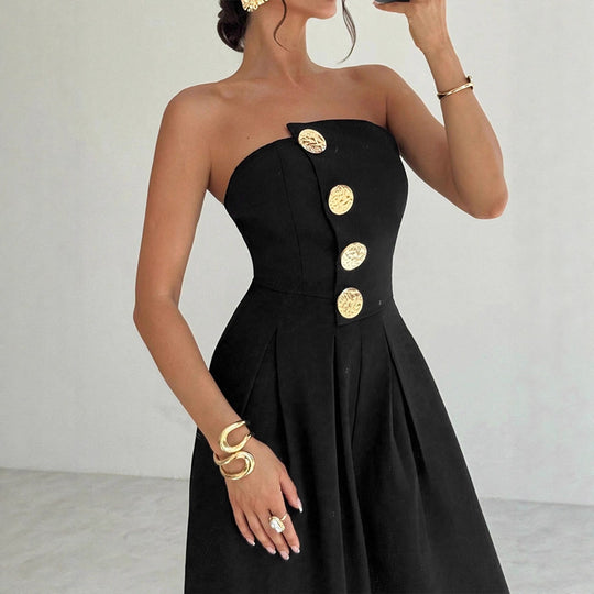 Damen Elegantes Jumpsuit mit asymmetrischem Ausschnitt und dekorativen Knöpfen EB