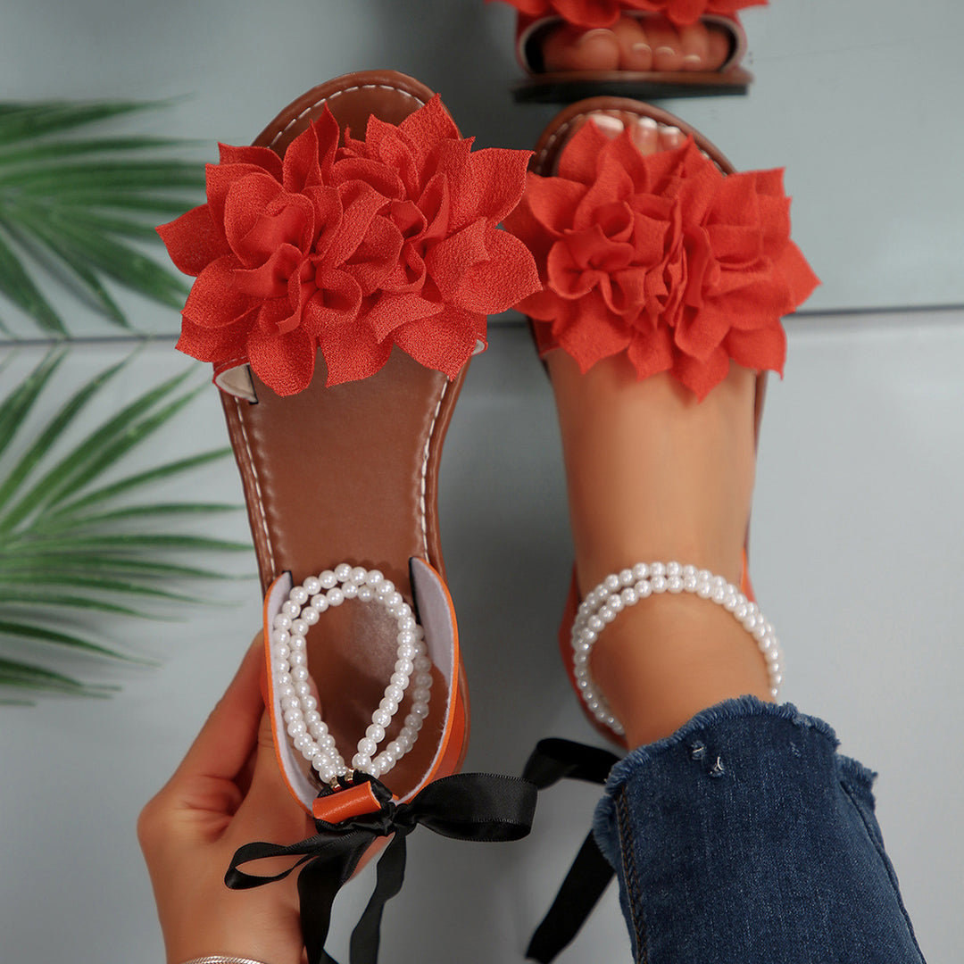 Damen Schlappen mit floralem Design und eleganter Perlenverzierung EB