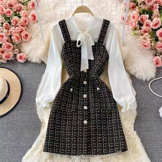 EB | Satz mit Latzkleid Tweed A-Linie Bluse mit Schleife und Puffärmeln