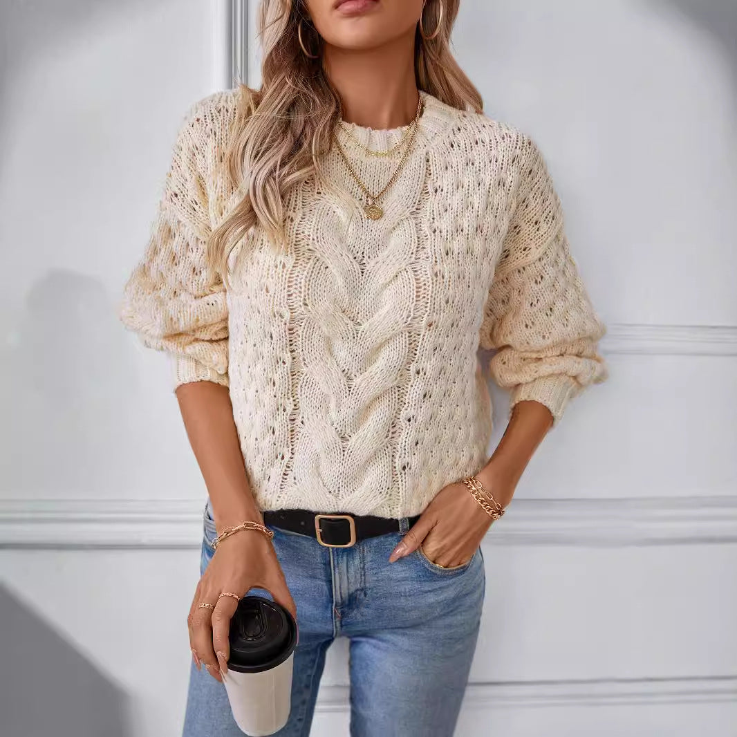 Damen gemütlicher Strickpullover mit strukturiertem Zopfmuster und lässigem Schnitt EB