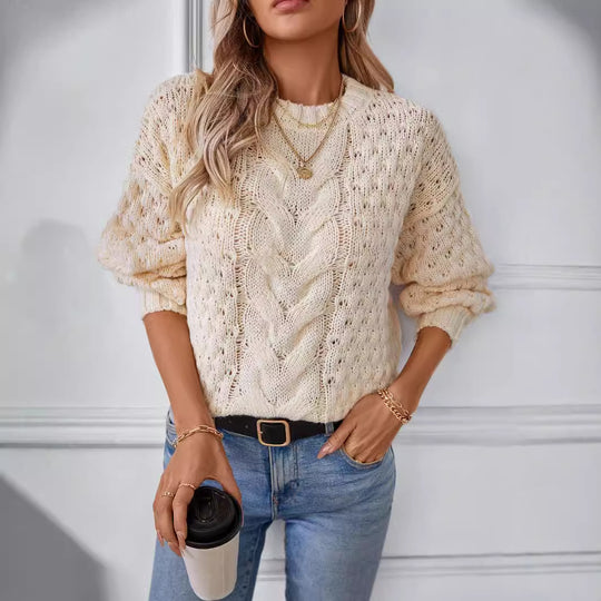 Damen gemütlicher Strickpullover mit strukturiertem Zopfmuster und lässigem Schnitt EB