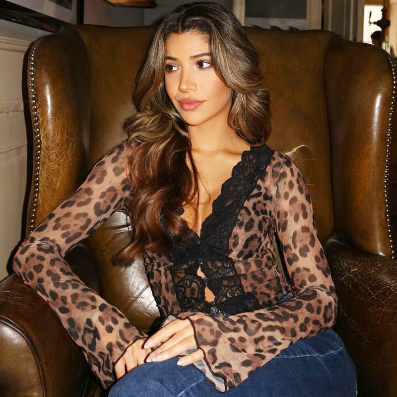 Damen Transparente Spitzenbluse mit Leopardenmuster EB