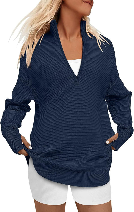 Damen Oversized Pullover mit Stehkragen und Reißverschluss EB