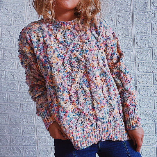 Damen grob gestrickter Pullover mit bunten Akzenten und lässigem Schnitt EB