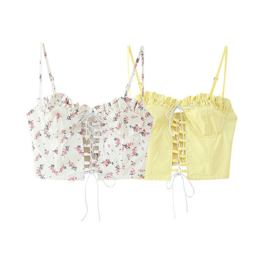 Damen Crop-Top mit Rüschendetails und floralem Design EB