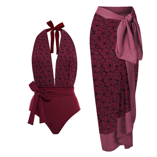 Damen eleganter Einteiler Badeanzug mit floralem Wickelrock EB