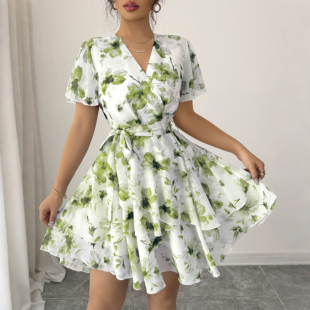 Damen Wickelkleid mit floralem Muster und schwingendem Rock EB