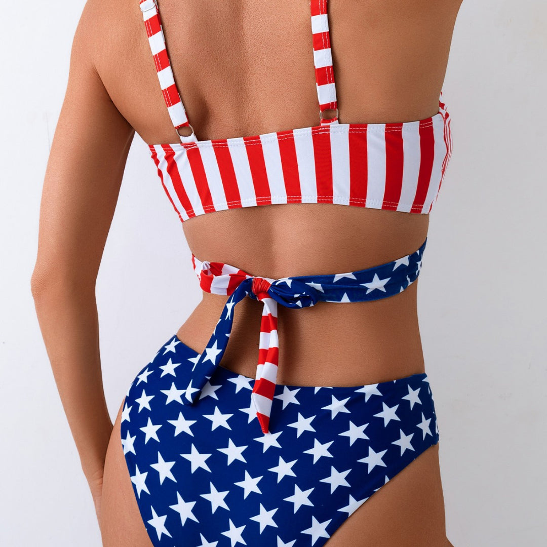 Damen Triangel-Bikini-Set mit asymmetrischem Schnitt und buntem Sternen-Design EB