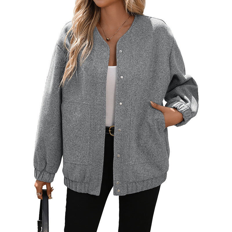 Damen Oversize-Jacke im Bomberstil mit Rundhalsausschnitt, Druckknopfleiste und aufgesetzten Taschen EB