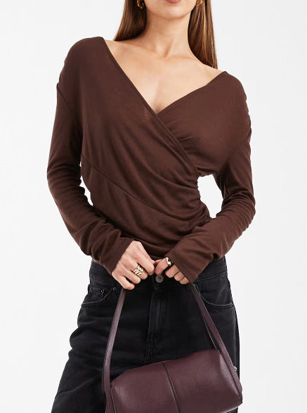 Damen Figurbetontes Wickelshirt mit V-Ausschnitt und Raffung EB