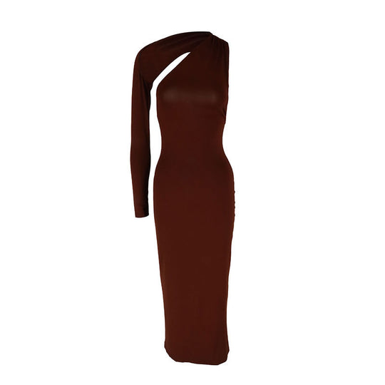 Damen Elegantes asymmetrisches Maxikleid mit einem Ärmel und figurbetonter Silhouette EB