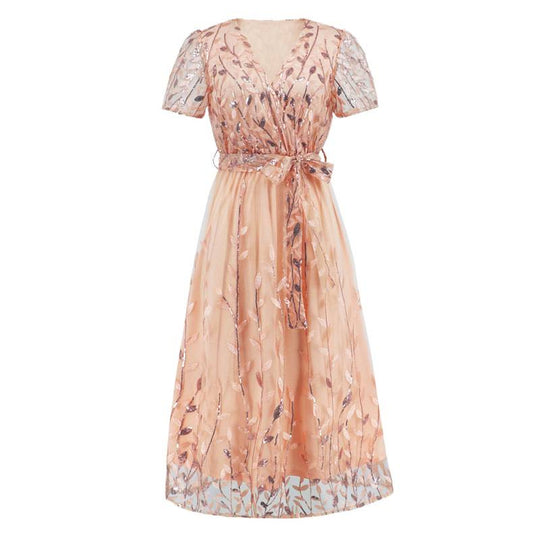 Damen Maxikleid mit floralen Stickereien und elegantem V-Ausschnitt EB