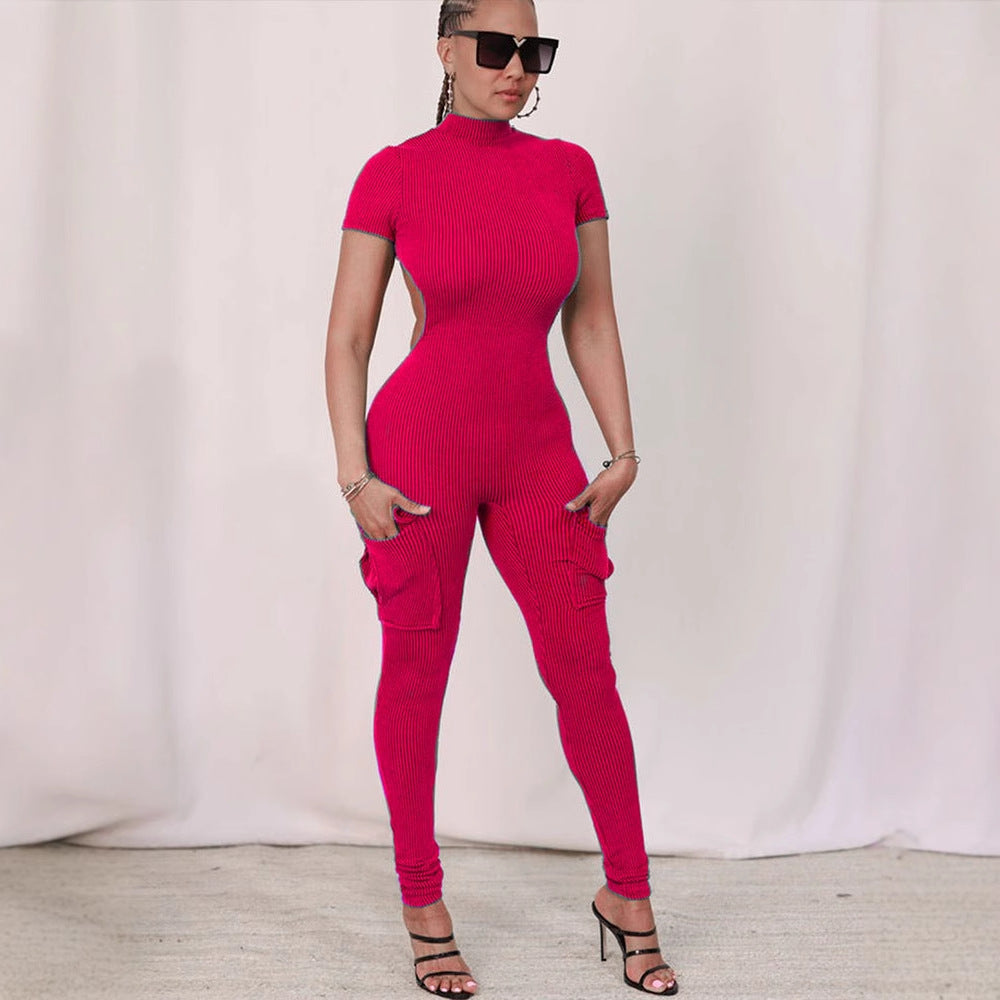 Damen figurbetontes Jumpsuit mit hohem Kragen und Seitentaschen EB