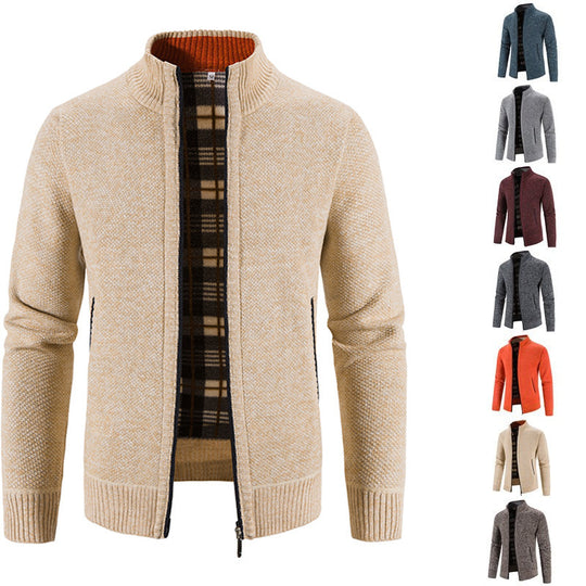 Herren nan Strickjacke mit durchgehendem Reißverschluss, Stehkragen und kariertem Futter EB