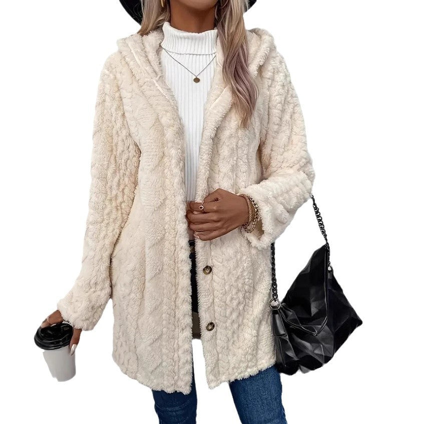 Damen nan kuschelige Teddy-Mantel mit Kapuze, Knopfleiste und Taschen EB