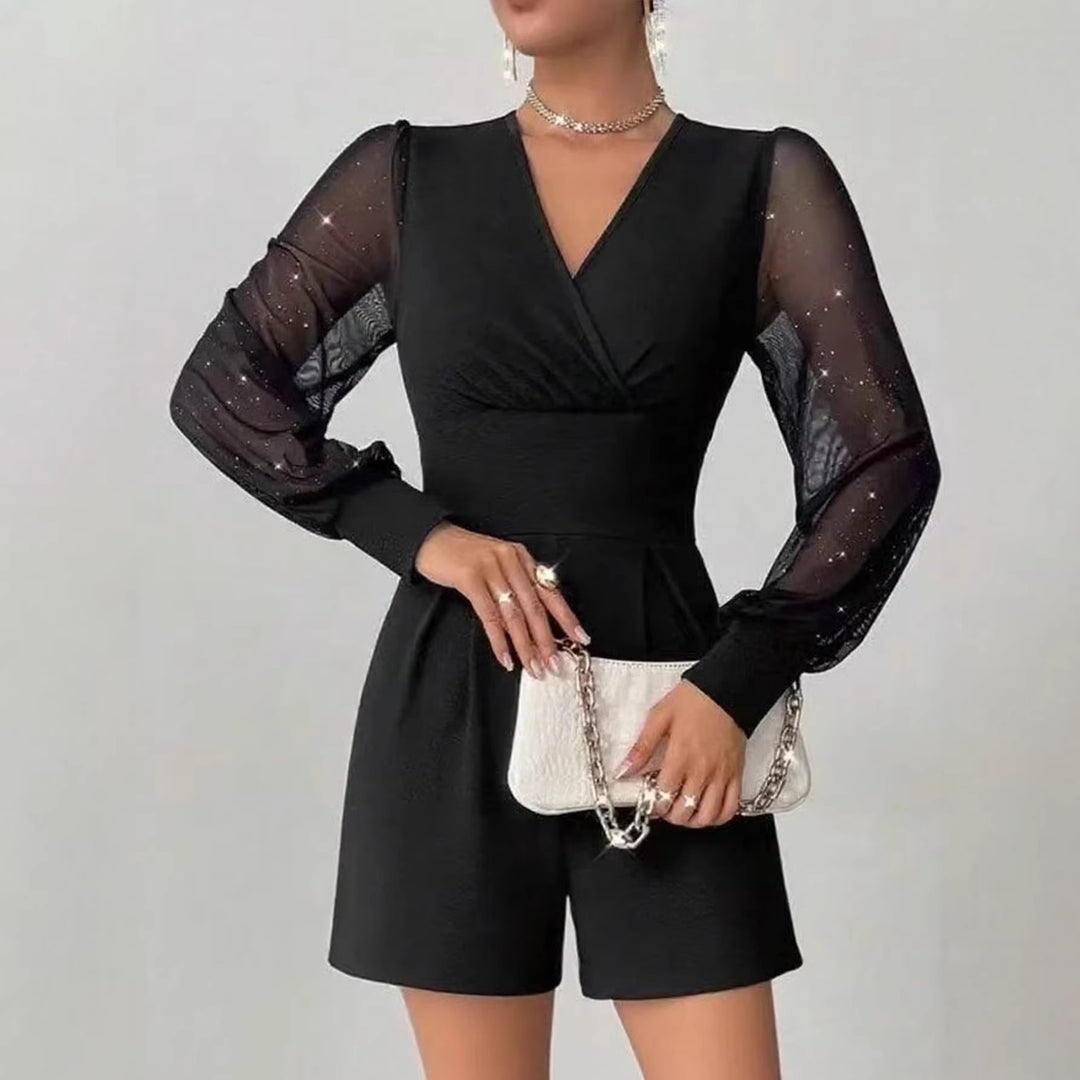 Damen eleganter Jumpsuit mit transparenten Puffärmeln und V-Ausschnitt EB