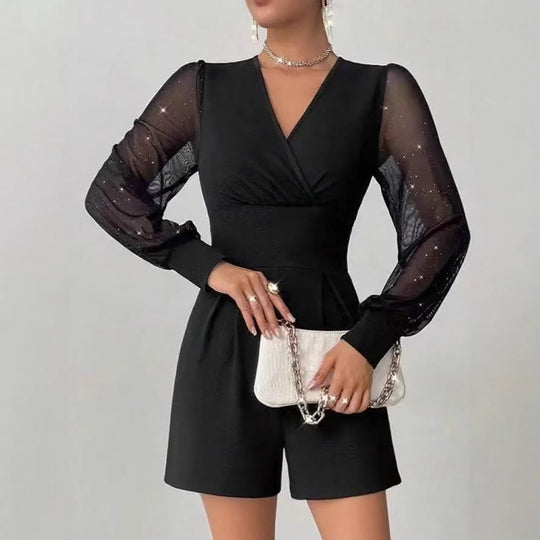 Damen eleganter Jumpsuit mit transparenten Puffärmeln und V-Ausschnitt EB