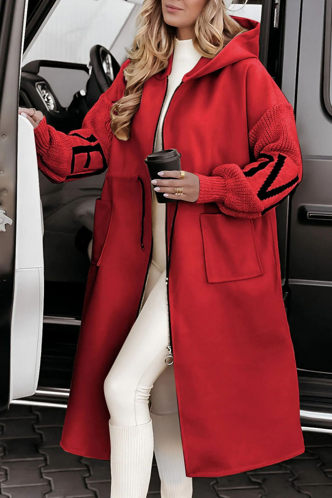 Damen Oversized Kapuzenmantel mit seitlichen Taschen und Reißverschluss EB
