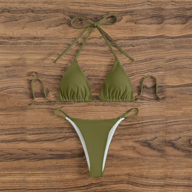 Damen Triangel-Bikini mit feinem Rippstruktur und verspielten Bindebändern EB