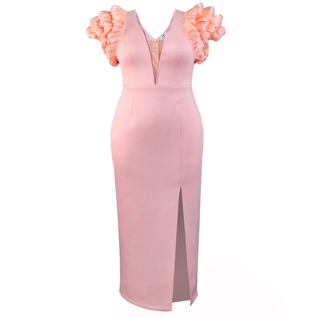 Damen Elegantes Maxikleid mit voluminösen Rüschenschultern und sexy Schlitz EB