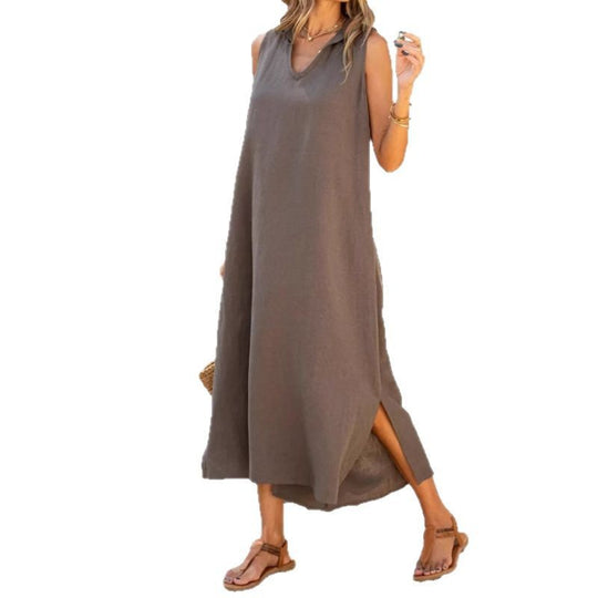 Damen Maxikleid mit tiefem V-Ausschnitt und seitlichen Schlitzen EB