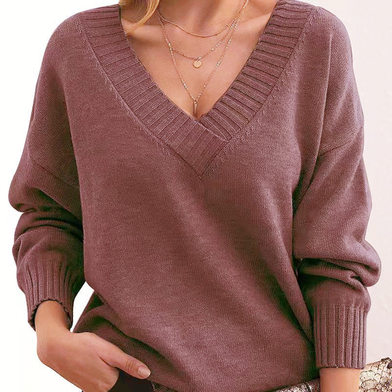 Damen nan Oversized V-Ausschnitt Strickpullover mit gerippten Bündchen EB