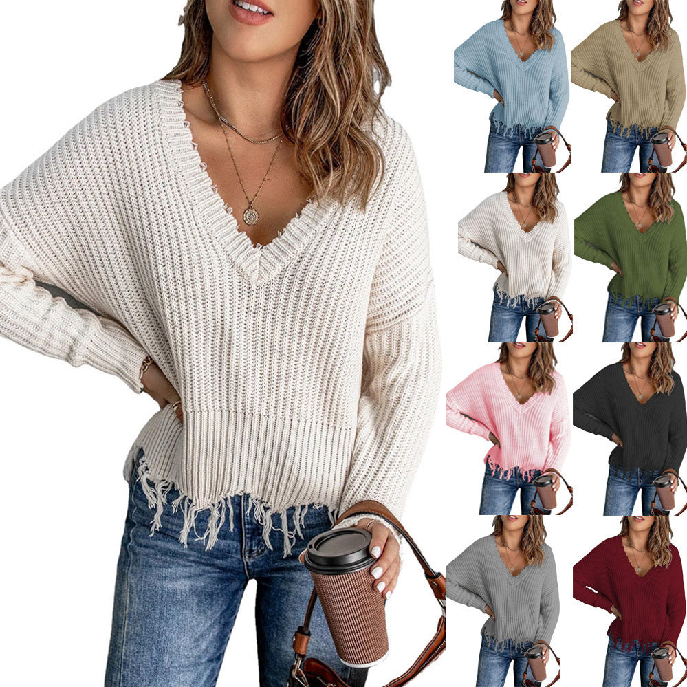 Damen V-Ausschnitt Strickpullover mit Fransen EB