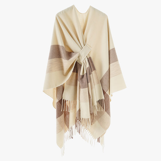 Damen Cape‑Poncho aus Wollmix mit Schlitzgürtel, geometrischem Jacquard und Fransensaum EB